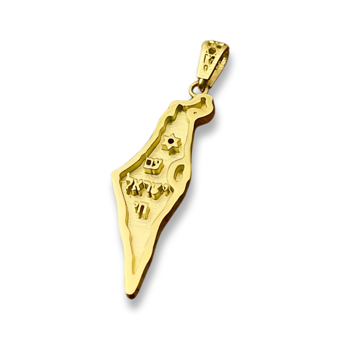 Star of David, Am Israel Chai in Map of Israel Pendant - 14K Gold