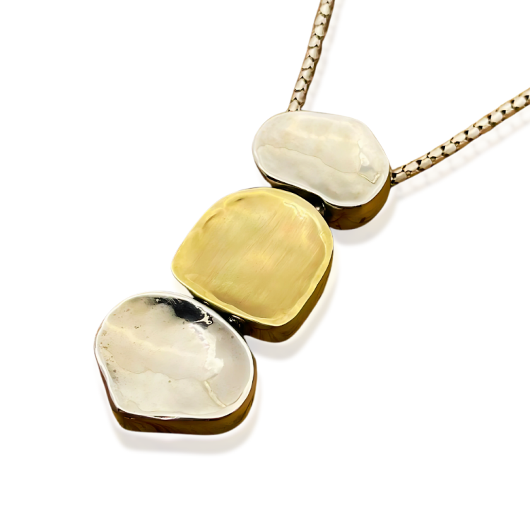 Israeli 3 Nugget Style Pendant Necklace in Silver and Gold