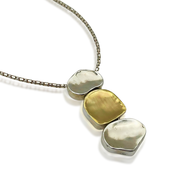 Israeli 3 Nugget Style Pendant Necklace in Silver and Gold