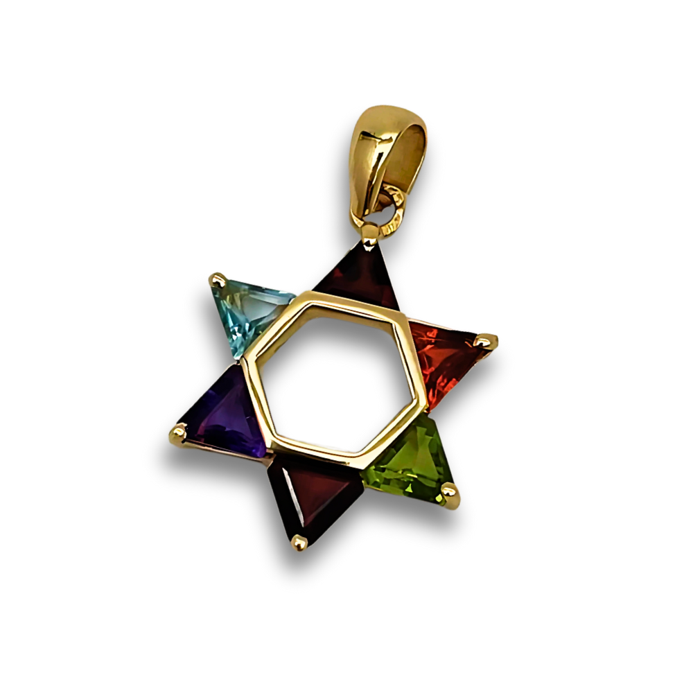 Colorful Gemstones Star of David Pendant in 14K Gold - 21 mm