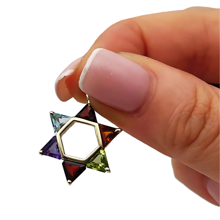 Colorful Gemstones Star of David Pendant in 14K Gold - 21 mm