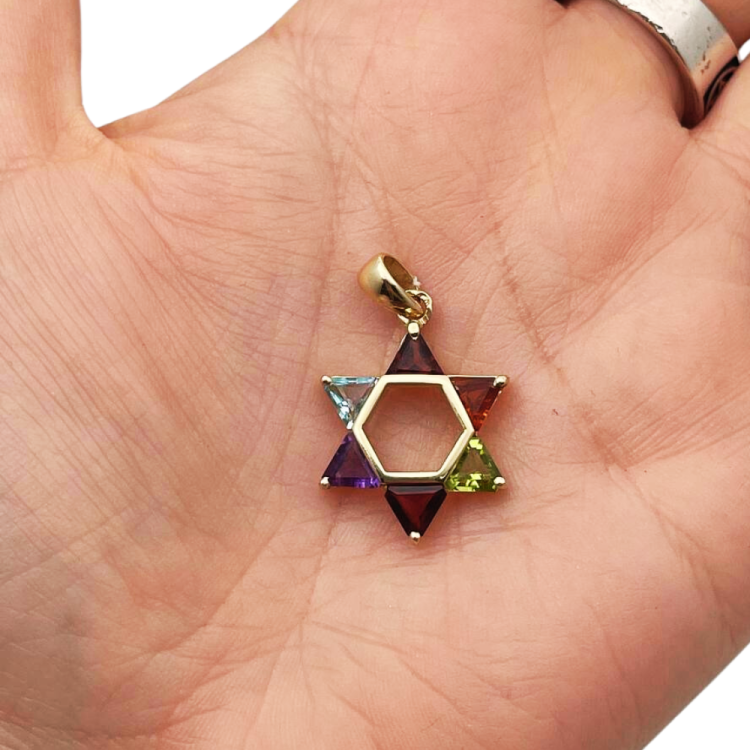 Colorful Gemstones Star of David Pendant in 14K Gold - 21 mm