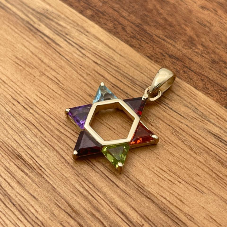 Colorful Gemstones Star of David Pendant in 14K Gold - 21 mm