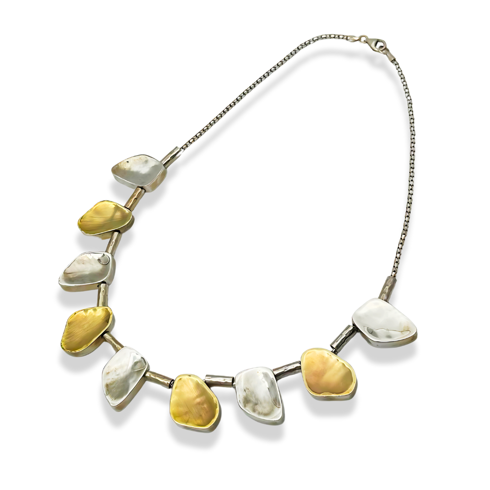 Artisan Israeli Stone Style Chunky Nugget Necklace in Silver & Gold