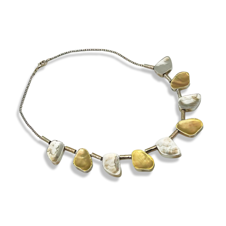 Artisan Israeli Stone Style Chunky Nugget Necklace in Silver & Gold