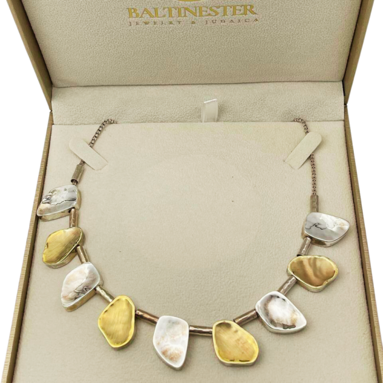 Artisan Israeli Stone Style Chunky Nugget Necklace in Silver & Gold