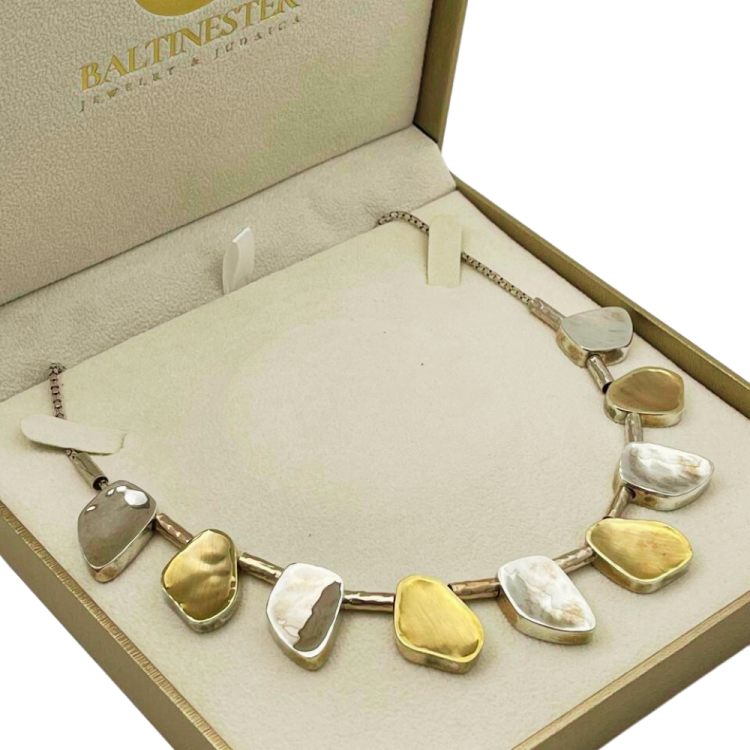 Artisan Israeli Stone Style Chunky Nugget Necklace in Silver & Gold