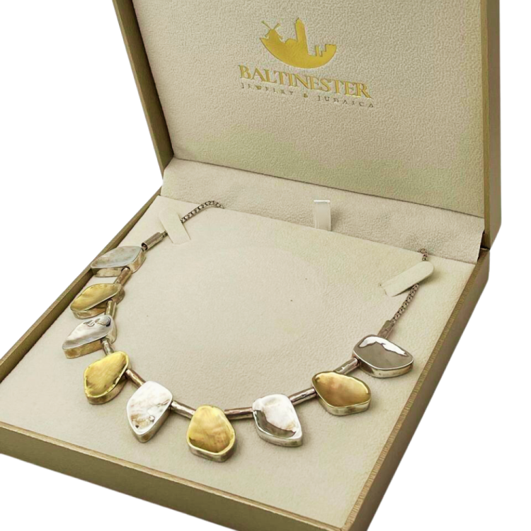 Artisan Israeli Stone Style Chunky Nugget Necklace in Silver & Gold