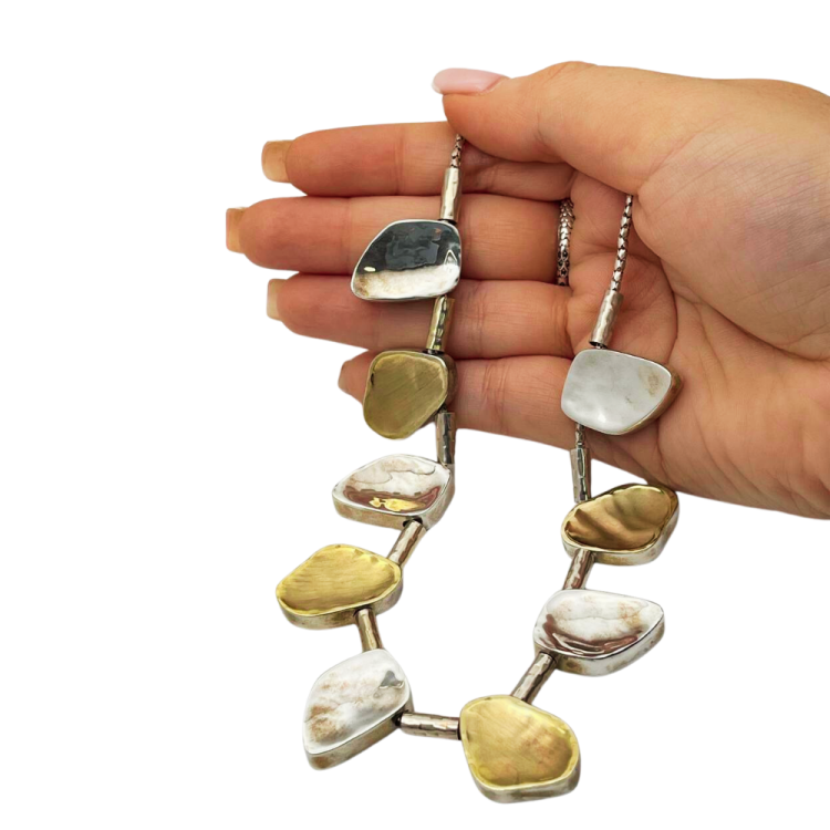 Artisan Israeli Stone Style Chunky Nugget Necklace in Silver & Gold