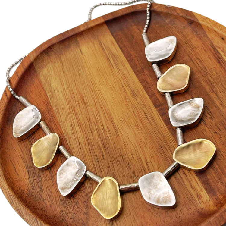 Artisan Israeli Stone Style Chunky Nugget Necklace in Silver & Gold