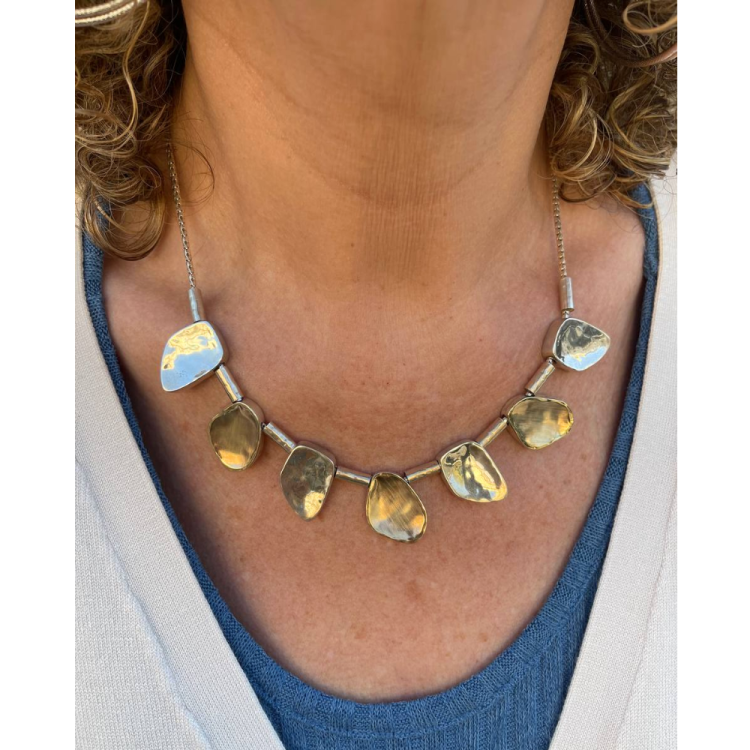 Artisan Israeli Stone Style Chunky Nugget Necklace in Silver & Gold