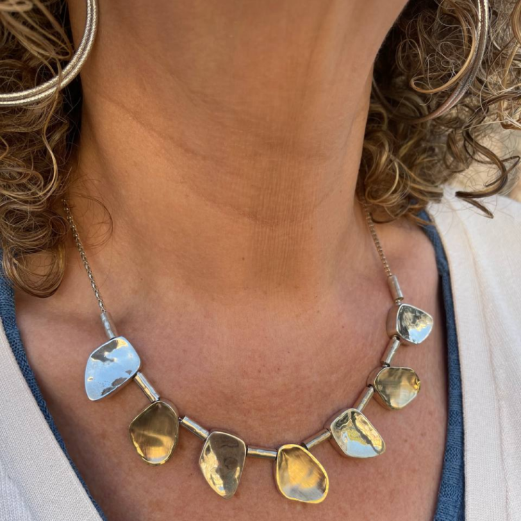 Artisan Israeli Stone Style Chunky Nugget Necklace in Silver & Gold