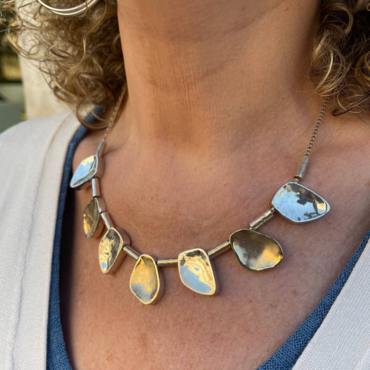 Artisan Israeli Stone Style Chunky Nugget Necklace in Silver & Gold