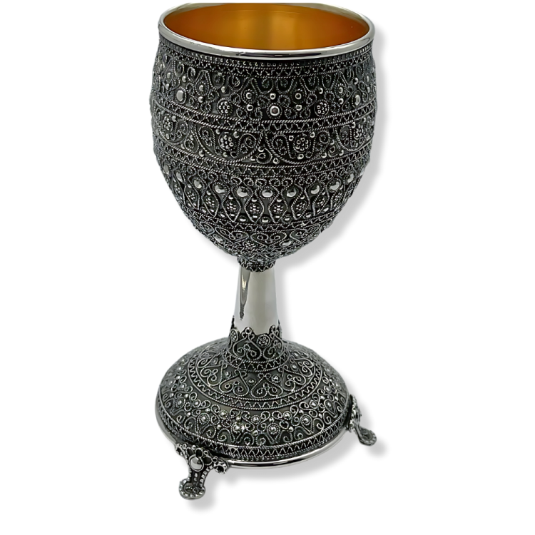 Kiddush Cup with Stem and legs in Sterling Silver with Detailed Filigree Art