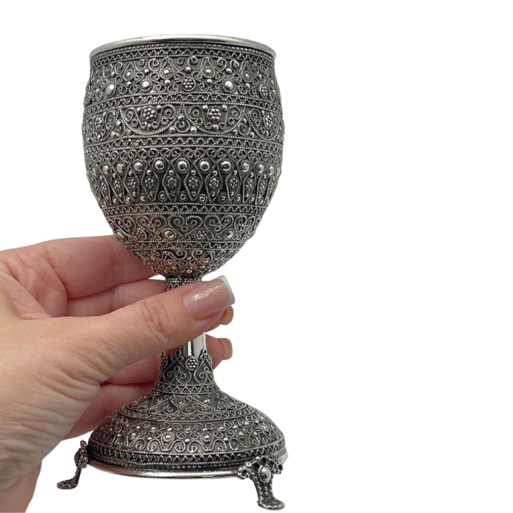 Kiddush Cup with Stem and legs in Sterling Silver with Detailed Filigree Art