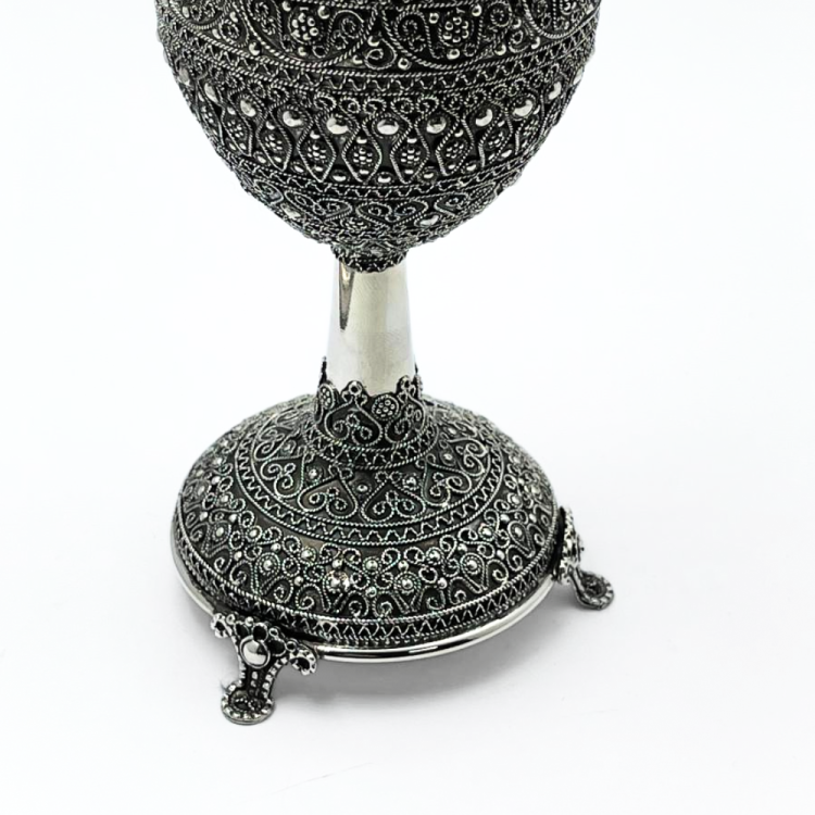 Kiddush Cup with Stem and legs in Sterling Silver with Detailed Filigree Art