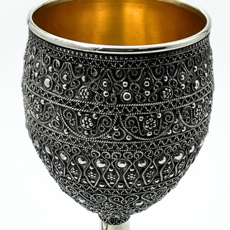 Kiddush Cup with Stem and legs in Sterling Silver with Detailed Filigree Art