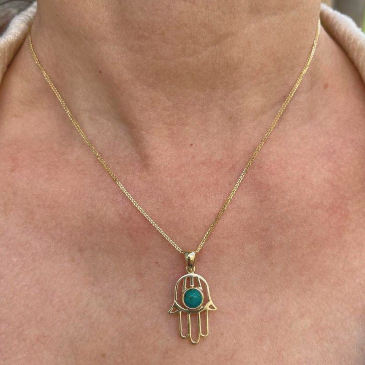 Hamsa Pendant with Eilat Stone in 14K Gold