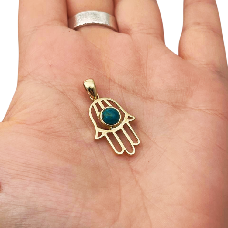 Hamsa Pendant with Eilat Stone in 14K Gold