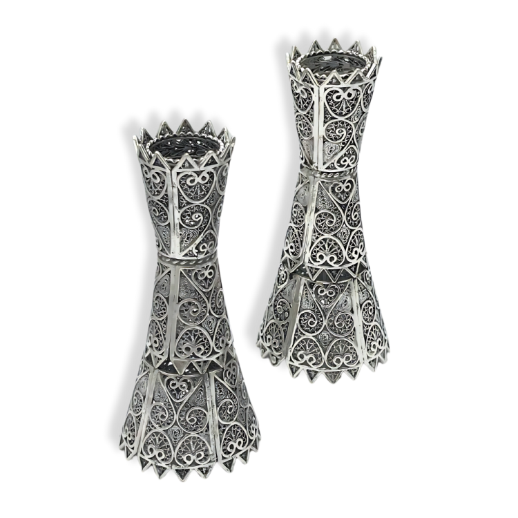 Silver Yemenite Filigree Candlesticks - Set of 2 with Ridged Edging