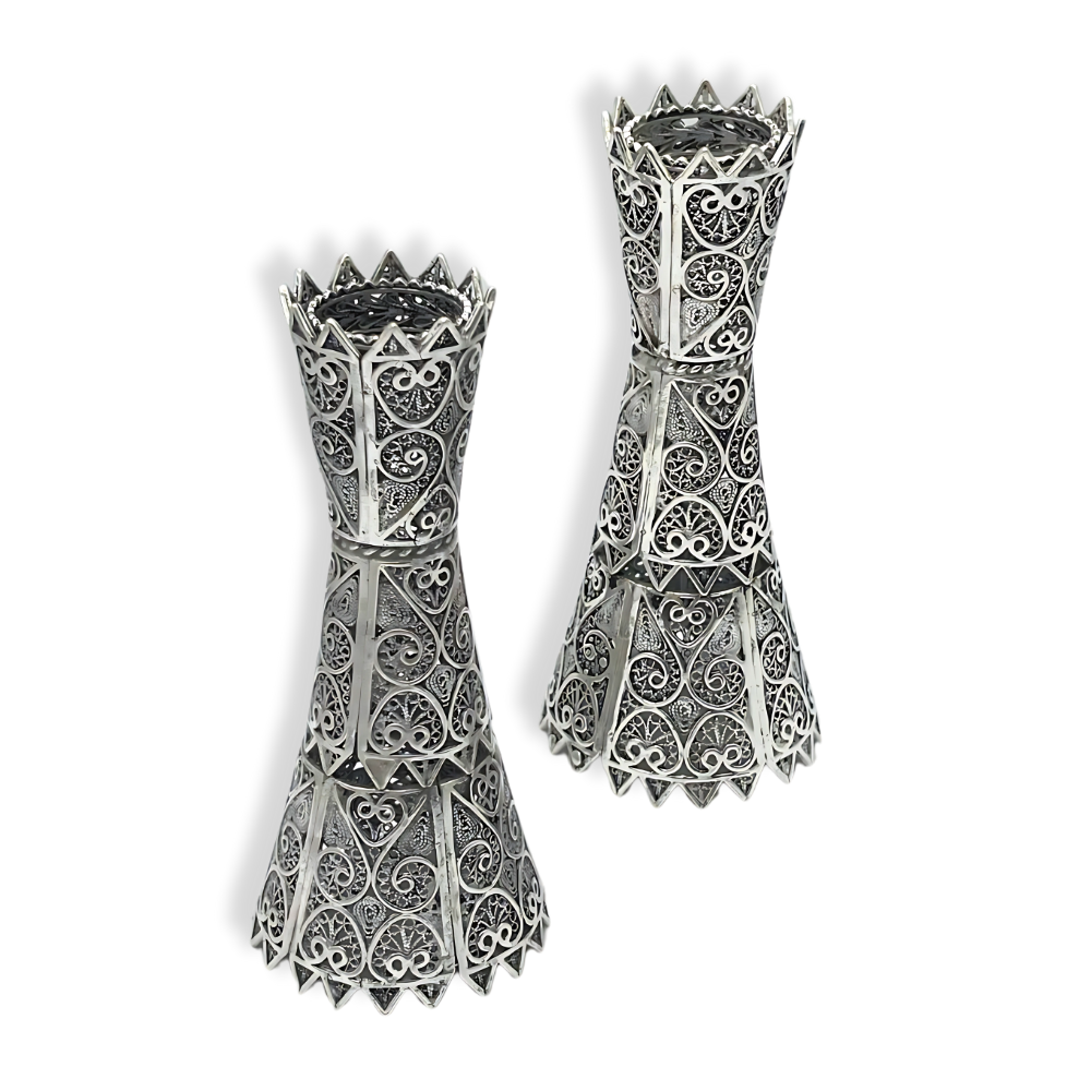 Silver Yemenite Filigree Candlesticks - Set of 2 with Ridged Edging