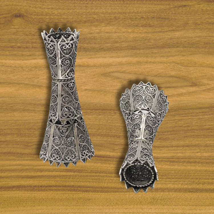 Silver Yemenite Filigree Candlesticks - Set of 2 with Ridged Edging