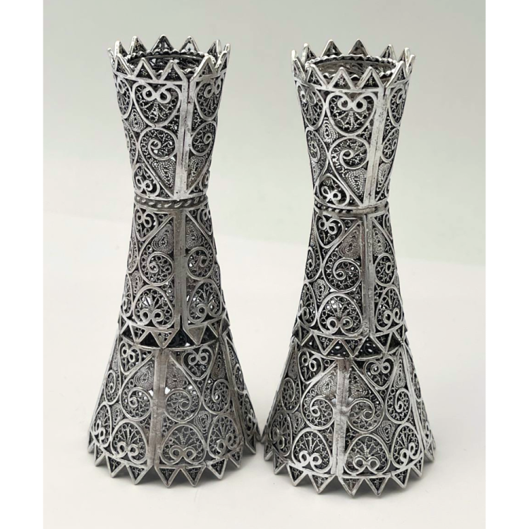 Silver Yemenite Filigree Candlesticks - Set of 2 with Ridged Edging