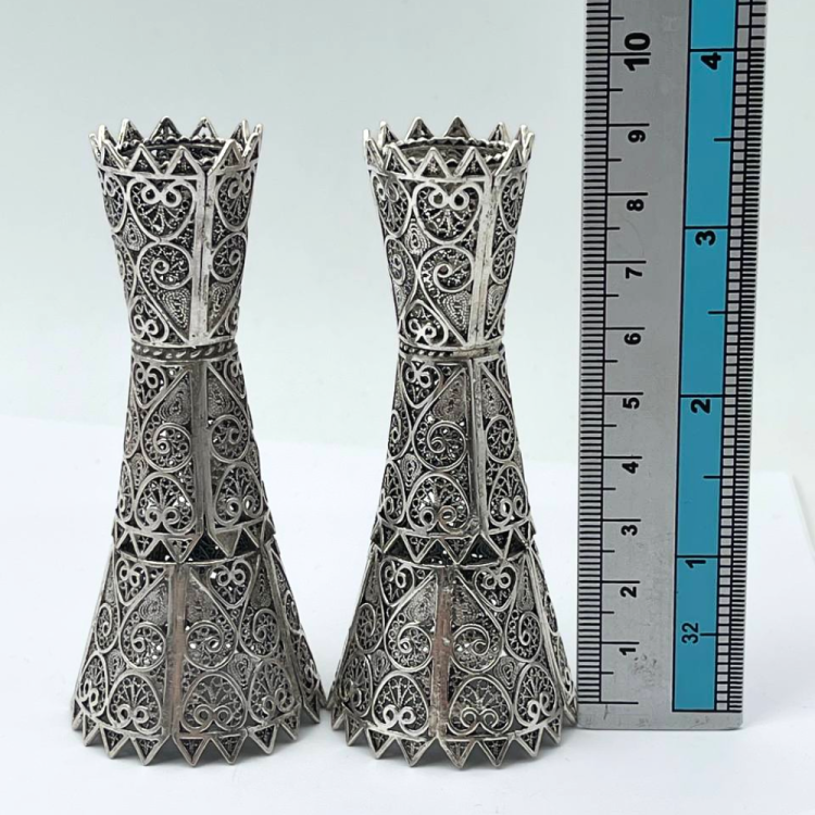 Silver Yemenite Filigree Candlesticks - Set of 2 with Ridged Edging