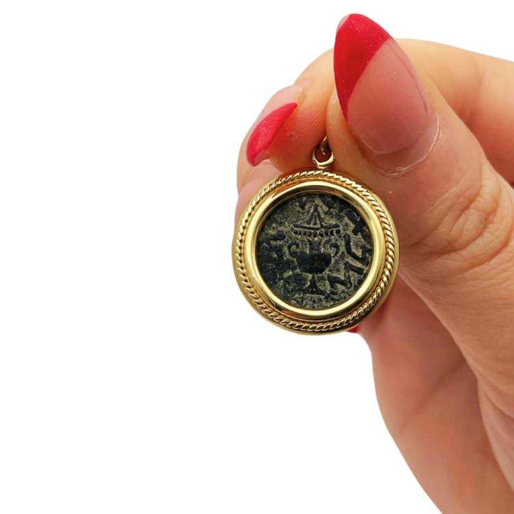 Masada Coin Pendant in 14K Gold with Spiral Frame Border