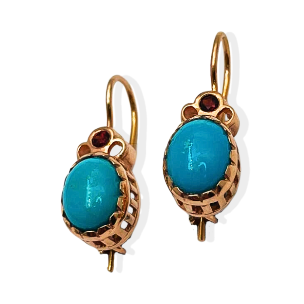 Oval Turquoise & Garnet Earrings in 14K Rose Gold