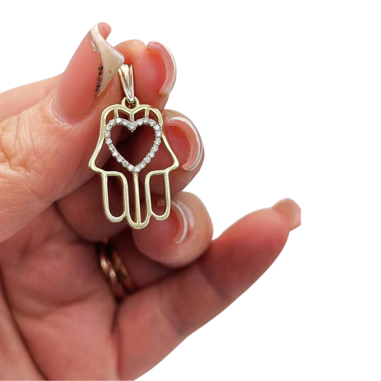 Diamond Heart Hamsa Pendant 14K Gold - Protection Charm