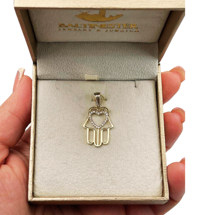 Diamond Heart Hamsa Pendant 14K Gold - Protection Charm