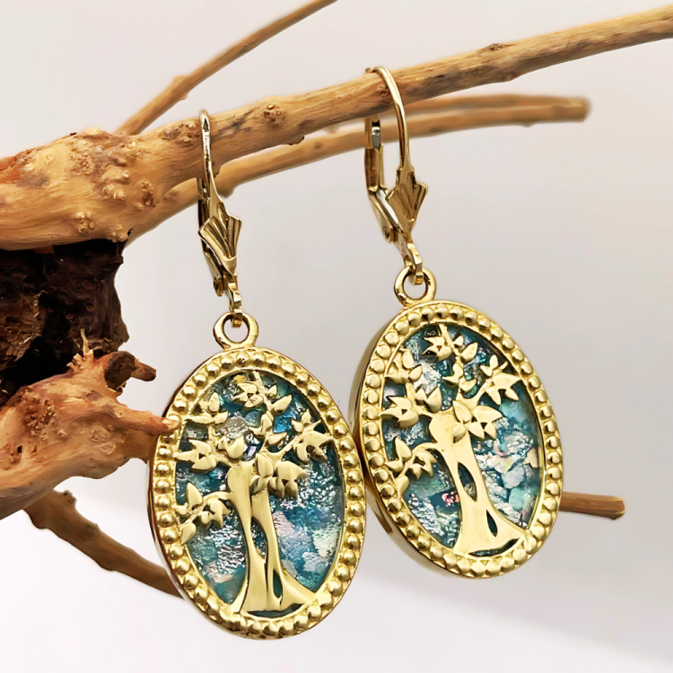 Tree of Life Oval Earrings with Roman Glass in 14K Gold