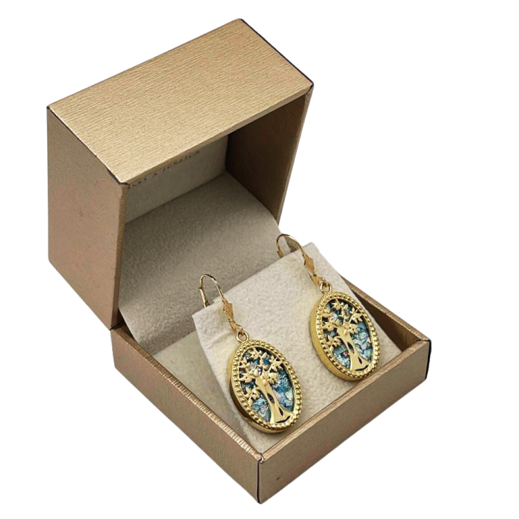 Tree of Life Oval Earrings with Roman Glass in 14K Gold