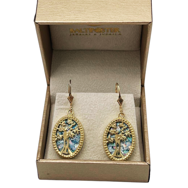 Tree of Life Oval Earrings with Roman Glass in 14K Gold