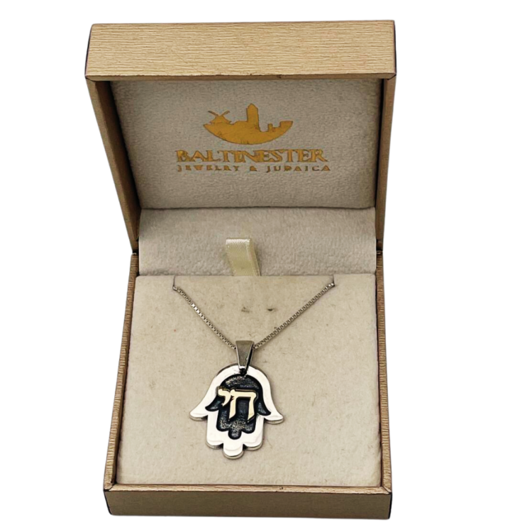 Hamsa with Chai Necklace in 925 Silver & 9K Gold