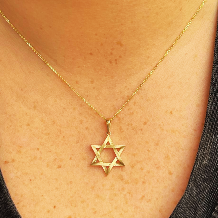 14K Gold Star of David Textured Design Pendant