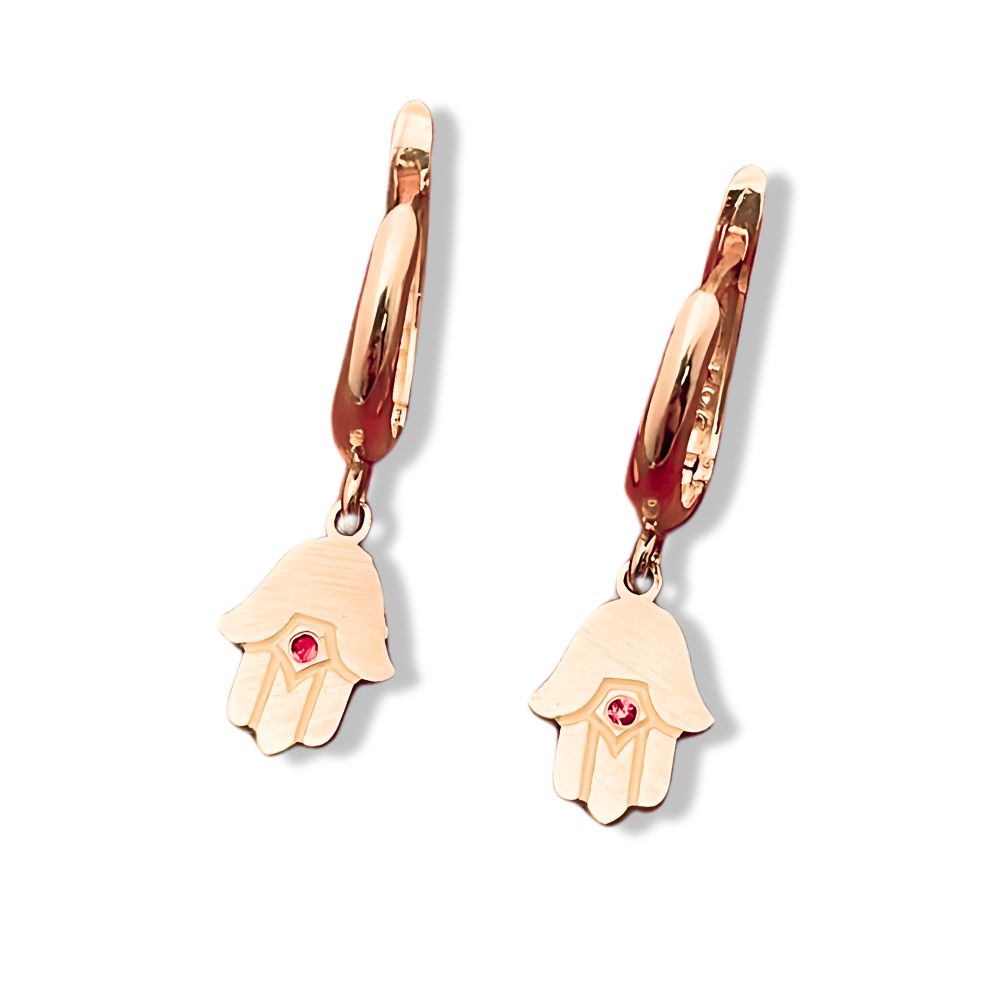 Hamsa Earrings with Ruby in 14k Gold