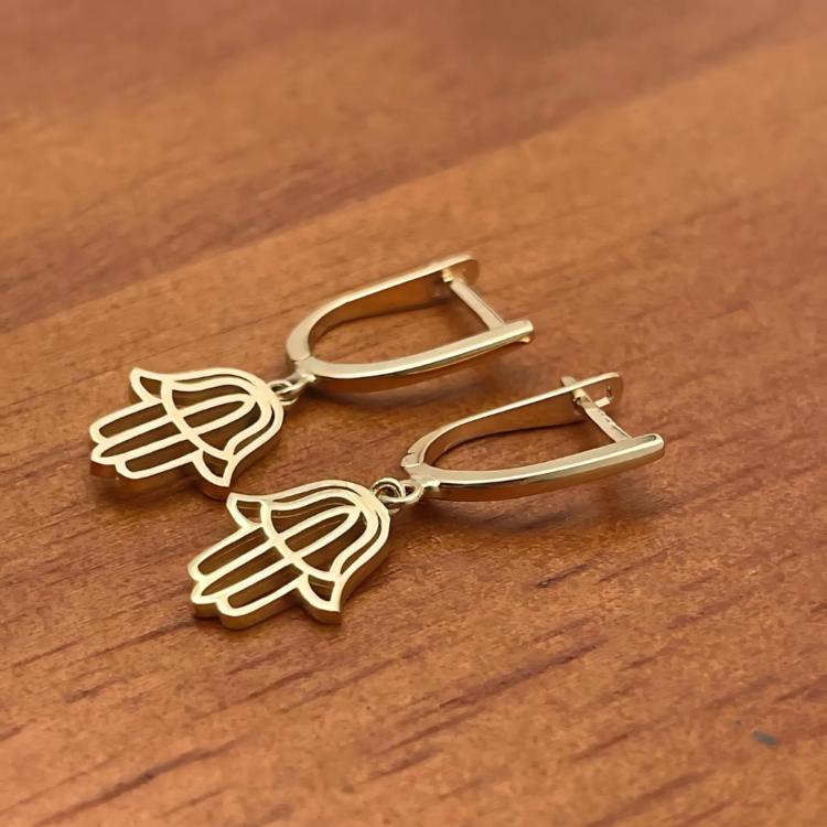 Hamsa Dangling Earrings in 14K Gold