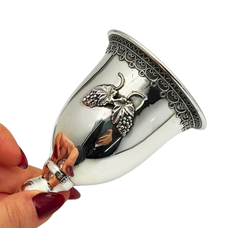 Silver Kiddush Cup with Filigree Stem - Hebrew Blessing over Wine and Grapes Pattern