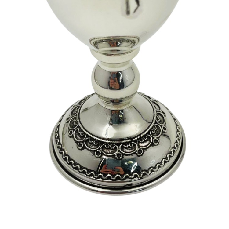 Silver Kiddush Cup with Filigree Stem - Hebrew Blessing over Wine and Grapes Pattern