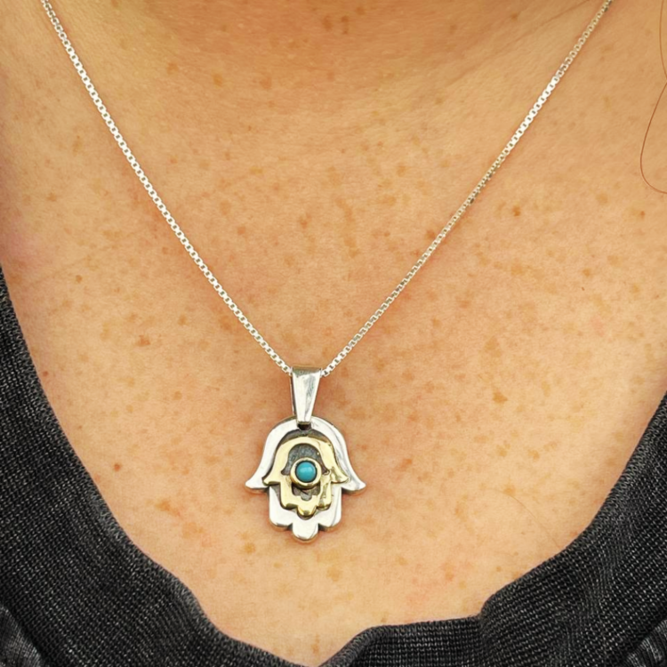 Hamsa Necklace with Blue Turquoise Stone in Silver and 9K Gold