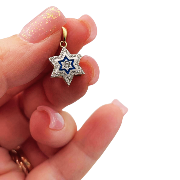 Diamond Star of David Pendant in 14K Yellow & White Gold with Blue Enamel - Small