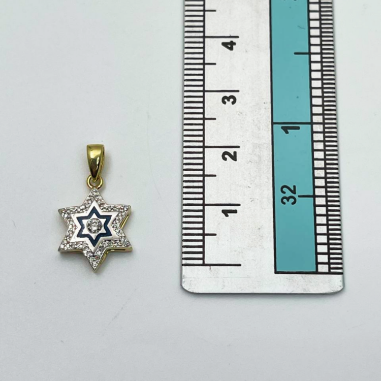 Diamond Star of David Pendant in 14K Yellow & White Gold with Blue Enamel - Small