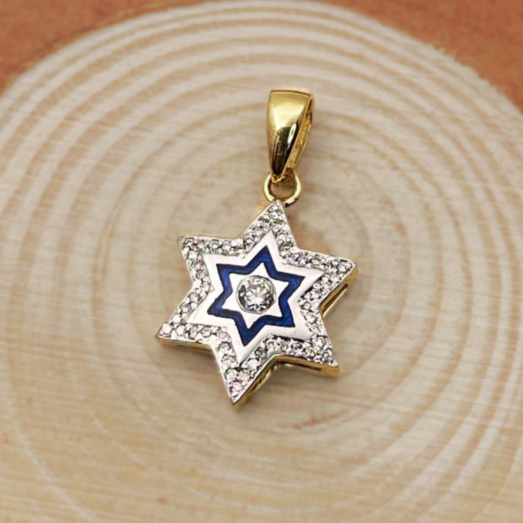 Diamond Star of David Pendant in 14K Yellow & White Gold with Blue Enamel - Small