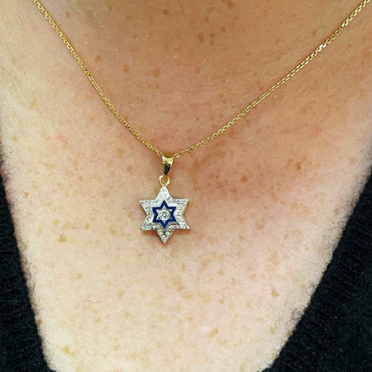 Diamond Star of David Pendant in 14K Yellow & White Gold with Blue Enamel - Small