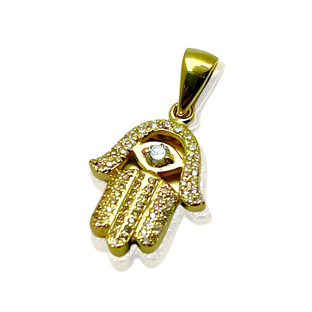 Diamond Studded Hamsa Evil Eye Pendant in 14K Gold with Large Central Diamond