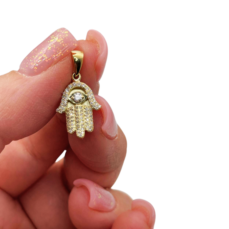 Diamond Studded Hamsa Evil Eye Pendant in 14K Gold with Large Central Diamond