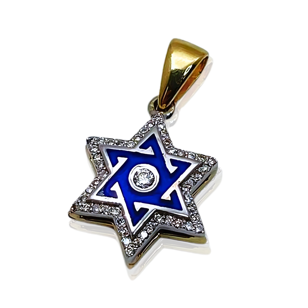 Star of David Pendant with Diamond Studded Border in 14K Yellow & White Gold with Blue Enamel