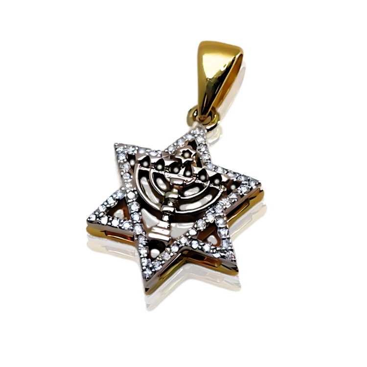 Diamond Star of David Menorah Pendant in 14K Two Tone Gold